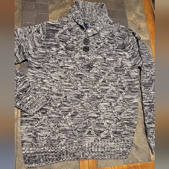 Amongst Others Men Sweater Large Black White Long Sleeve Cable Knit Shawl Collar - Picture 10 of 10